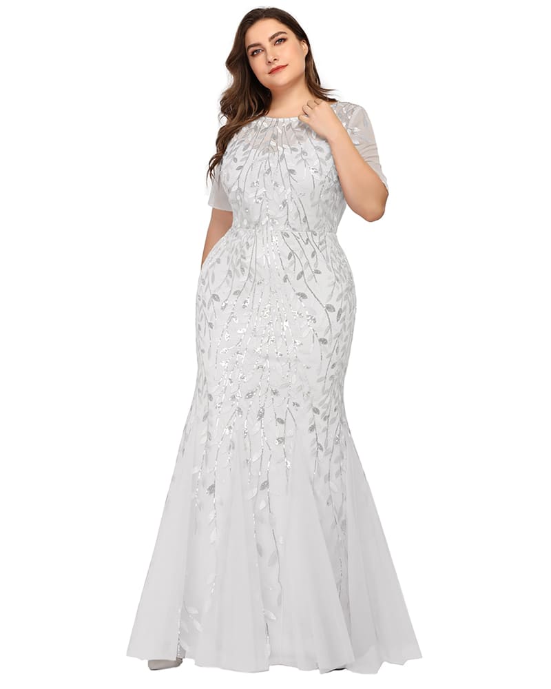 Front of a model wearing a size 20 Floral Sequin Mermaid Tulle Evening Dress in White by Ever-Pretty. | dia_product_style_image_id:284666